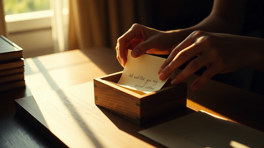Hands carefully placing handwritten letters into a wooden keepsake box on a sunlit desk