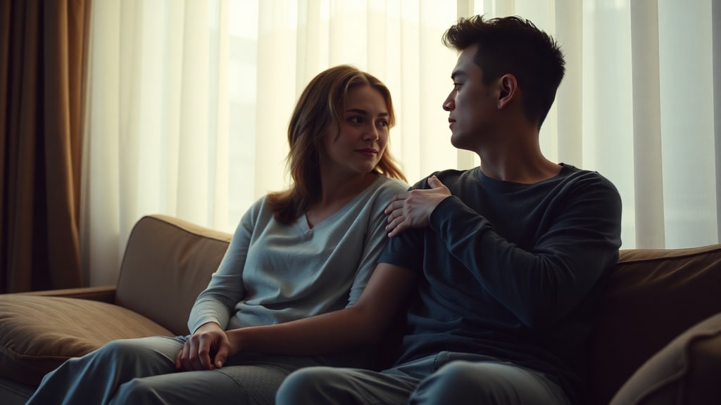 Couple sitting close on couch in soft evening light, tentative intimacy