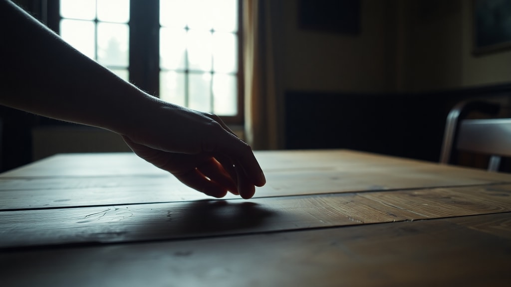 Hands almost touching across a wooden table, soft natural light