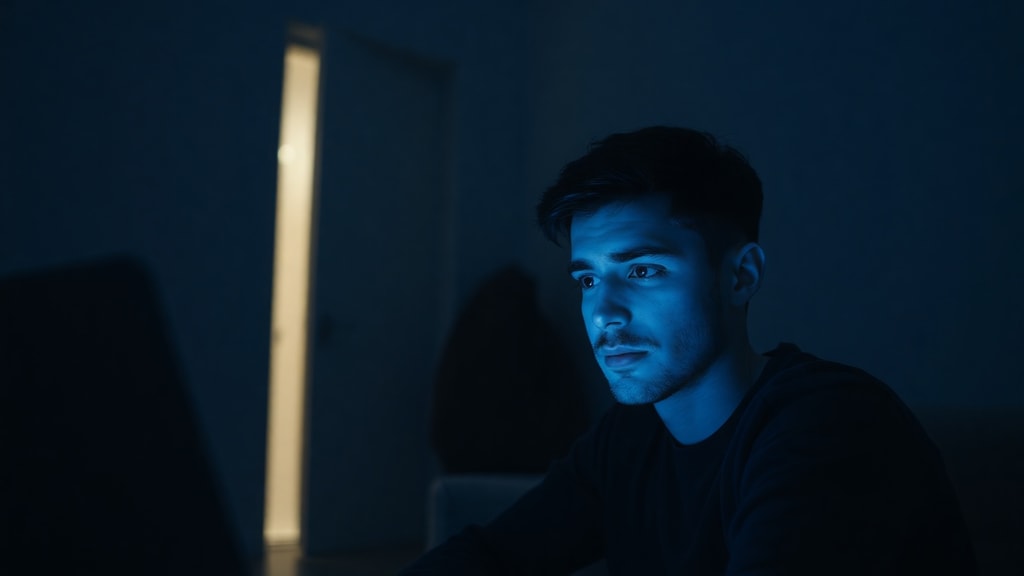 A person sitting alone in a dimly lit room with a laptop, face illuminated by soft blue screen light