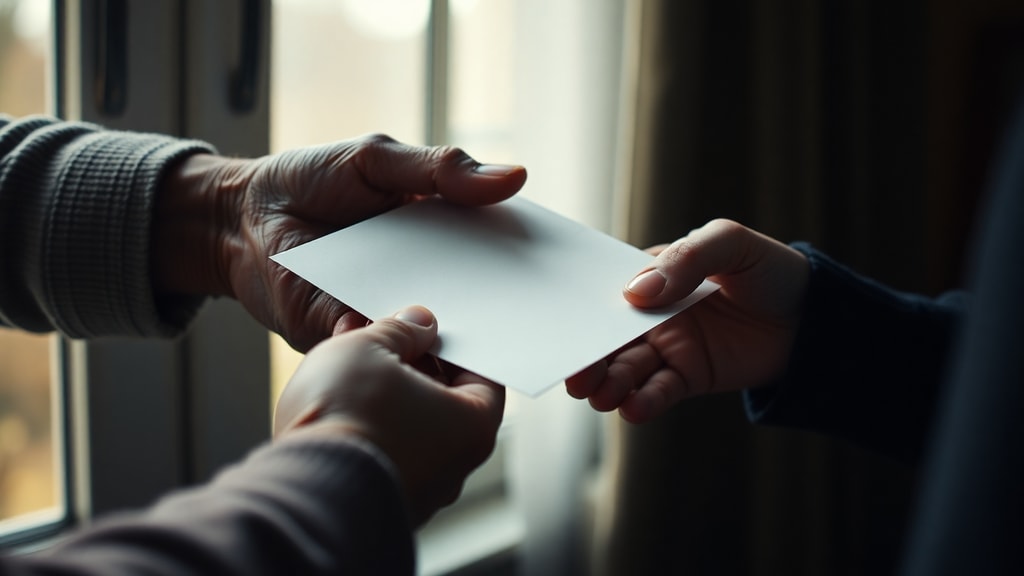 Hands of an elderly person and a young adult exchanging a handwritten letter