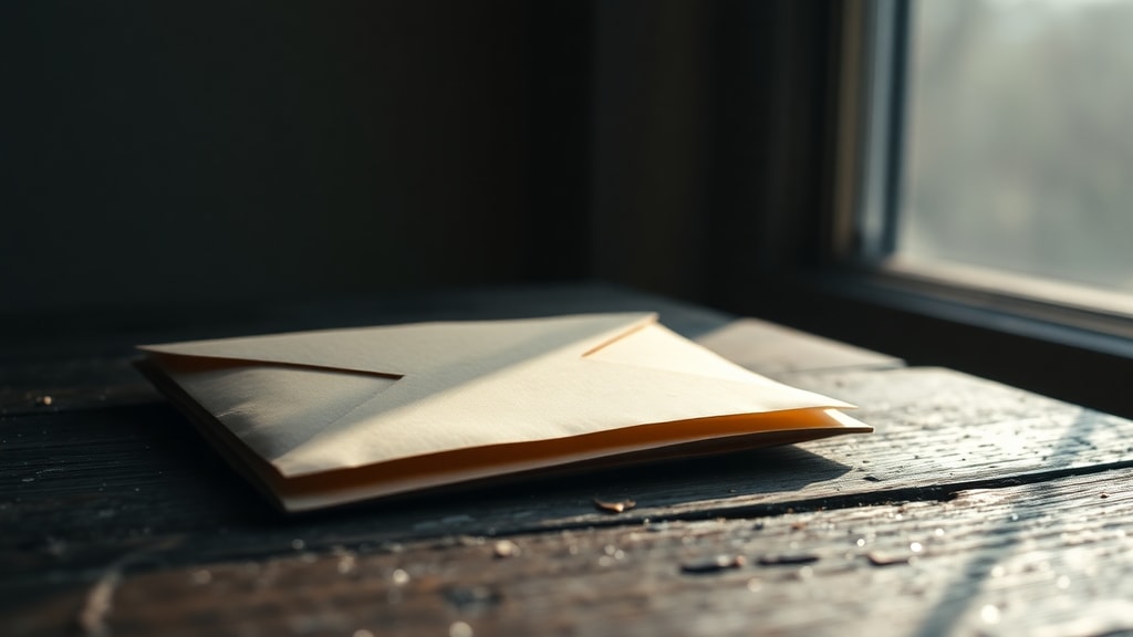 A sealed envelope resting on aged wooden surface with soft morning light