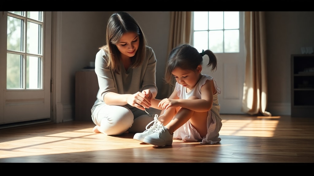 A mother teaching her daughter to tie shoelaces on a wooden floor