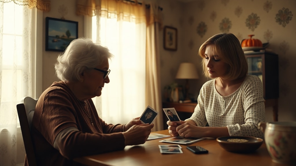 An elderly woman looking at old photographs with her adult daughter