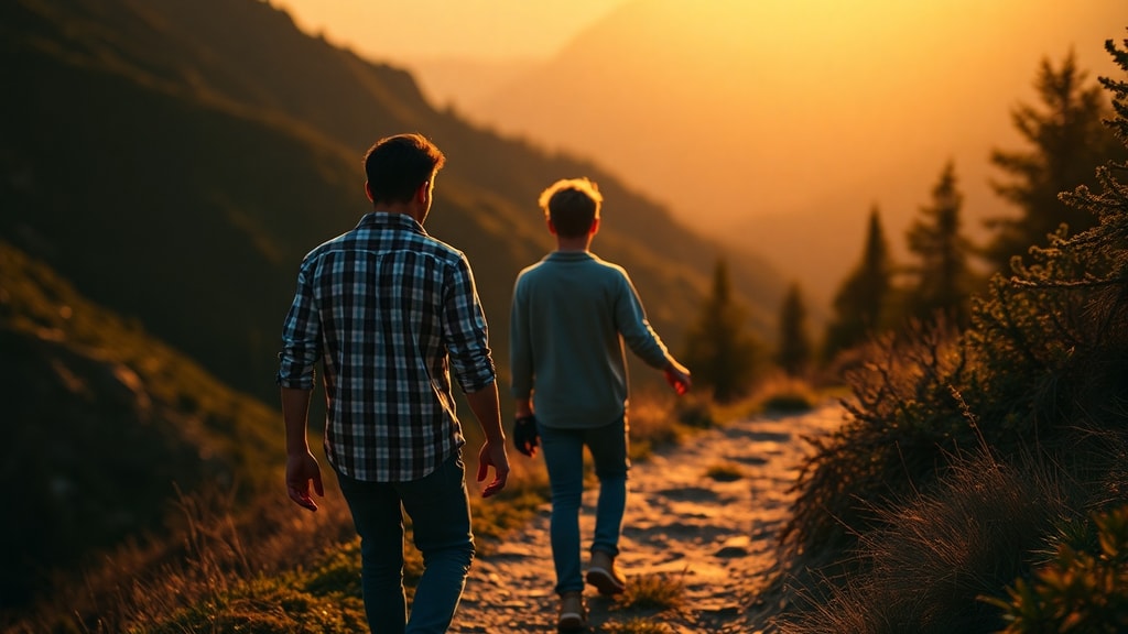 A father and his teenage son hiking on a mountain trail at golden hour