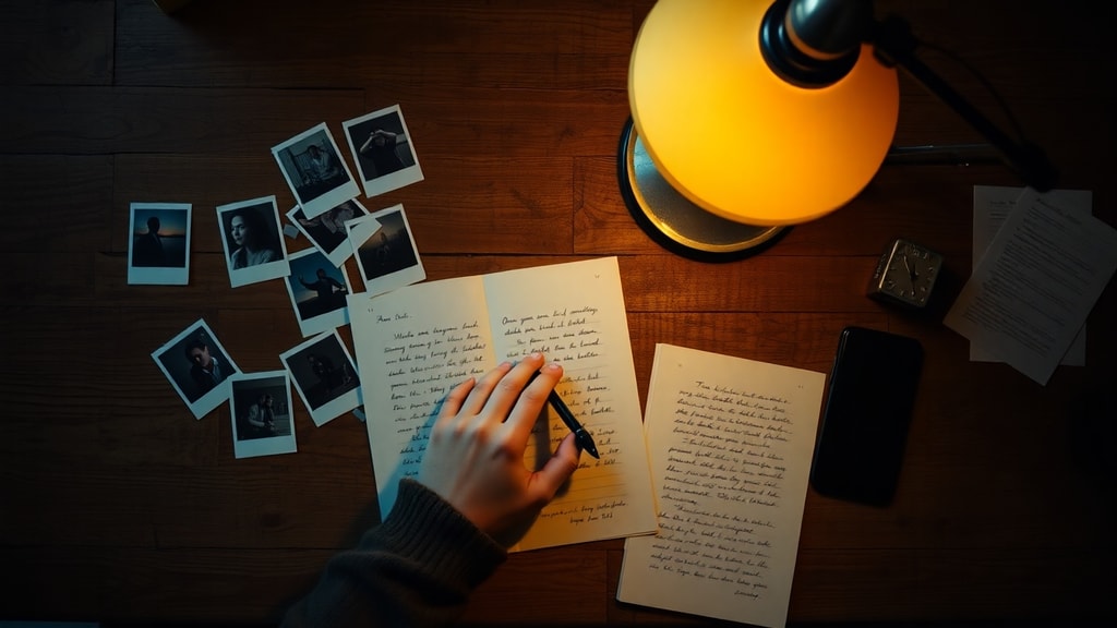 Person writing at a wooden desk with a single lamp and scattered photographs