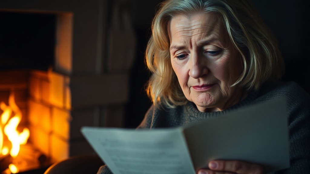 Elderly woman reading a letter by a fireplace with soft ambient light