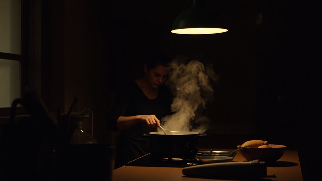 A person cooking alone in a dimly lit kitchen at dusk