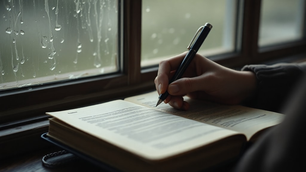 Hands writing in a journal beside a window with rain streaks