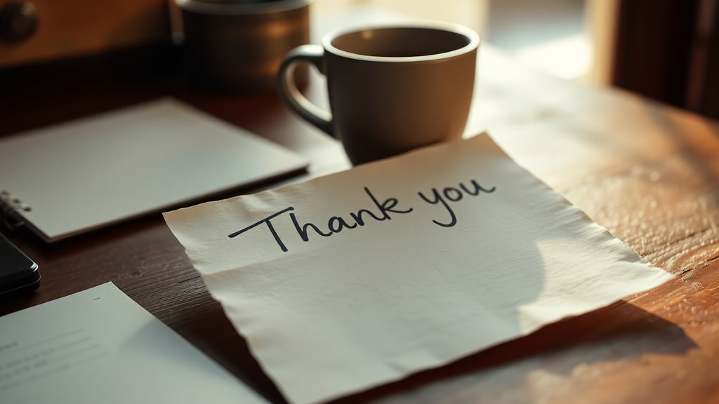 A handwritten thank-you note on a wooden desk beside a coffee cup