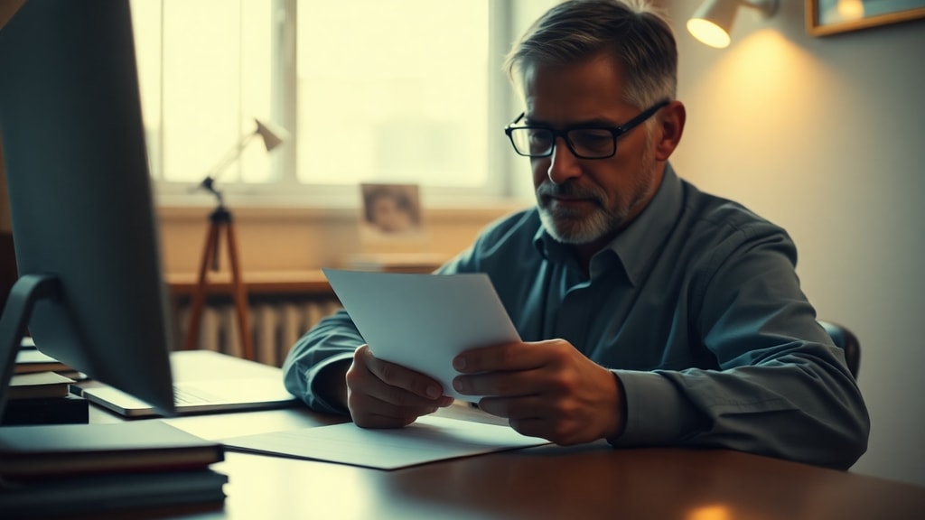 A person opening an aged envelope at a desk with soft lamplight