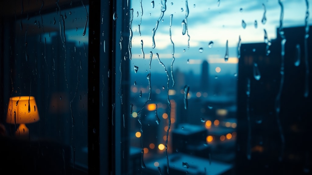 A city skyline viewed through a rain-streaked office window at dusk