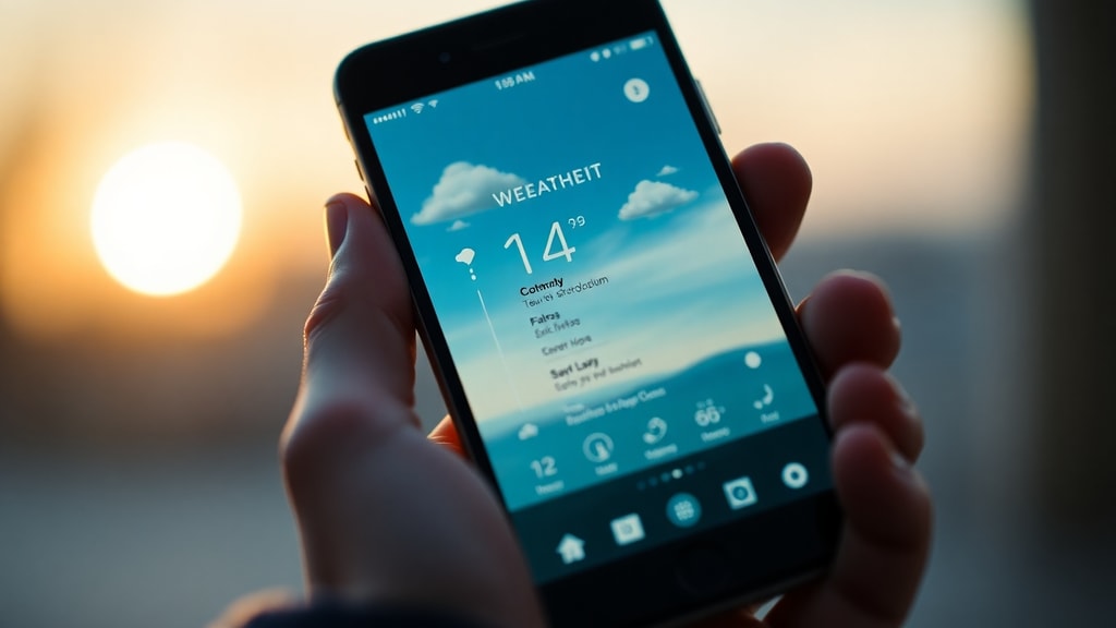 Person holding smartphone showing weather app with multiple city locations
