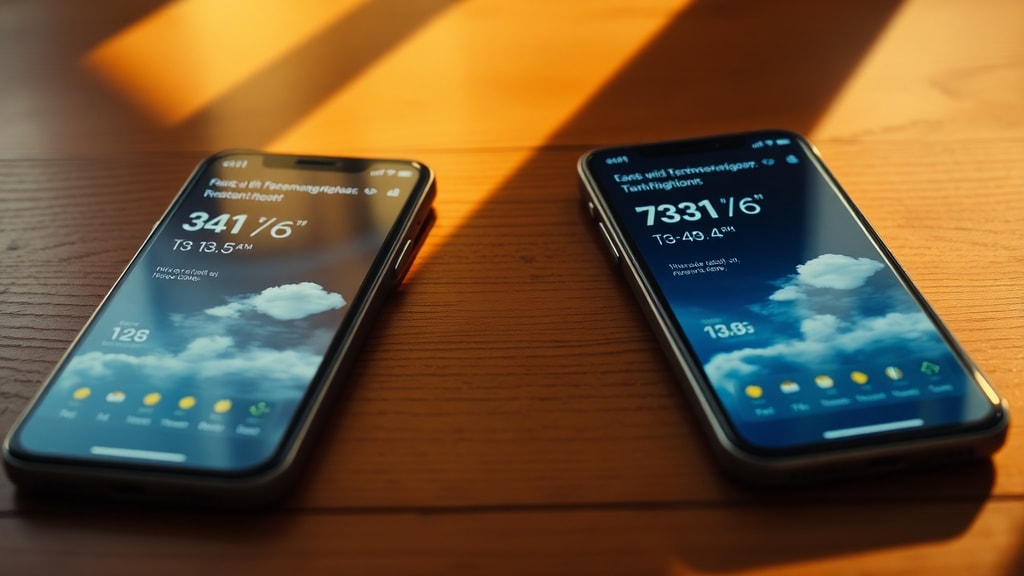 Two smartphones side by side showing different weather forecasts