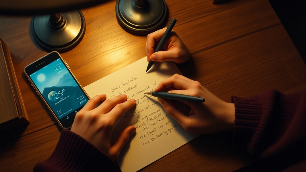 Hands writing a letter at a desk with a weather app visible on phone