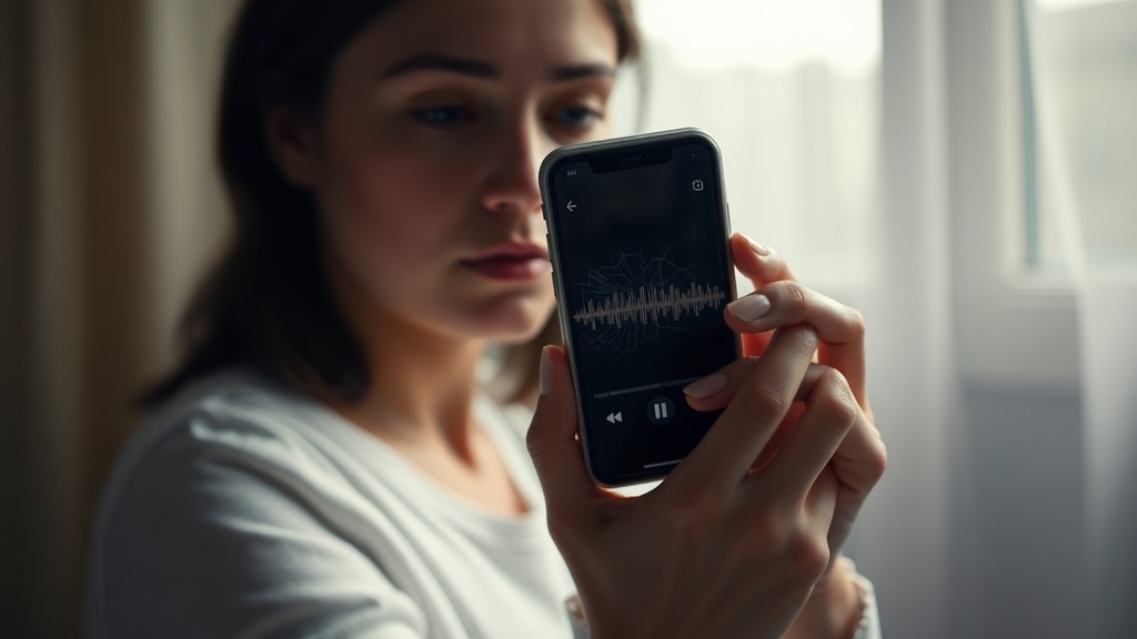 A woman holding a cracked smartphone displaying a corrupted audio waveform