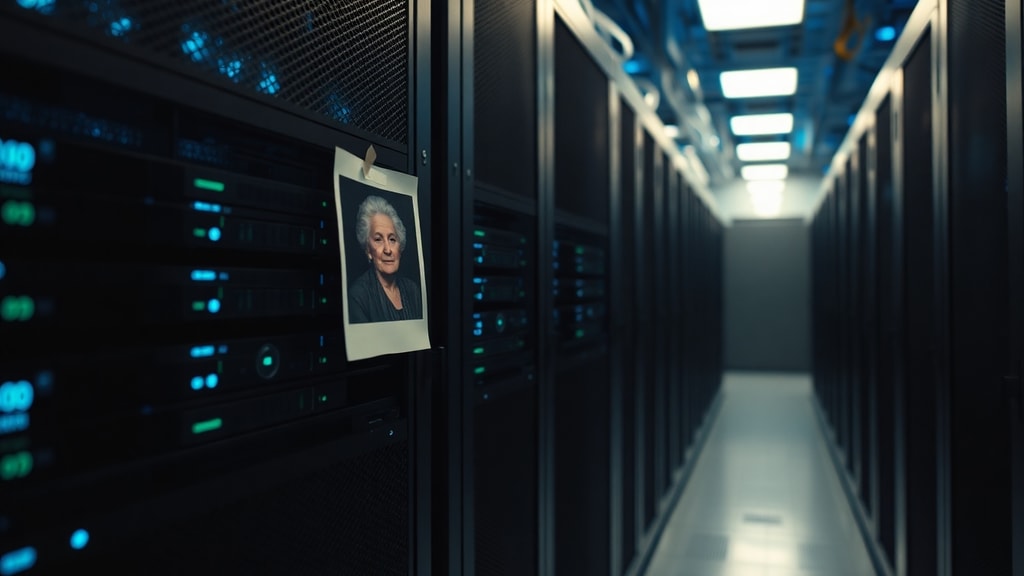 Rows of server racks in a data center with a single small photograph taped to one unit