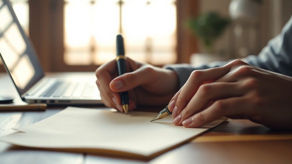 Hands writing on aged paper with a fountain pen, smartphone and laptop visible but ignored in background
