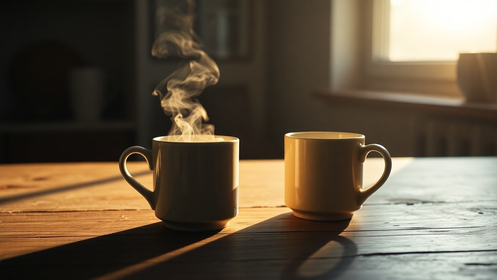 Two coffee mugs on a wooden kitchen counter, one steaming, one cold