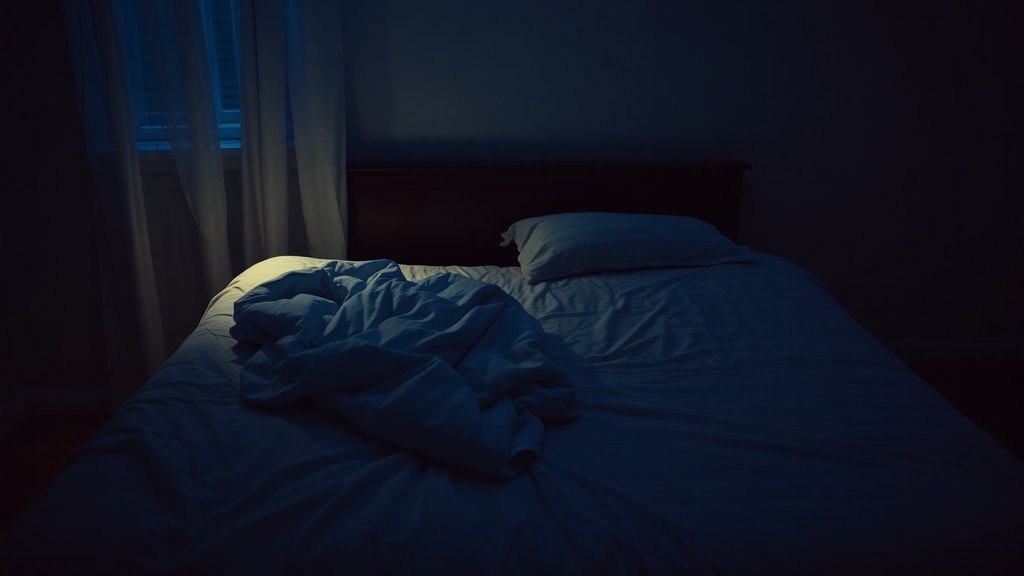 An unmade bed with one side slept-in, the other perfectly smooth