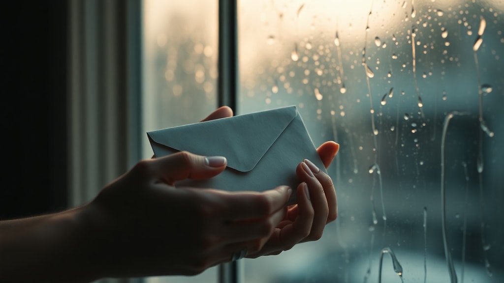 Hands holding a sealed envelope against a window with soft light