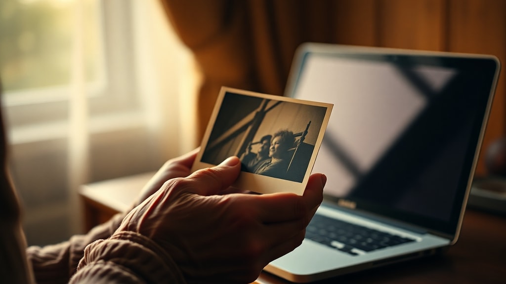 An elderly woman's hands holding a vintage photograph near a modern laptop