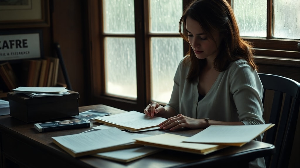 A young woman organizing printed photographs and handwritten letters at a wooden desk