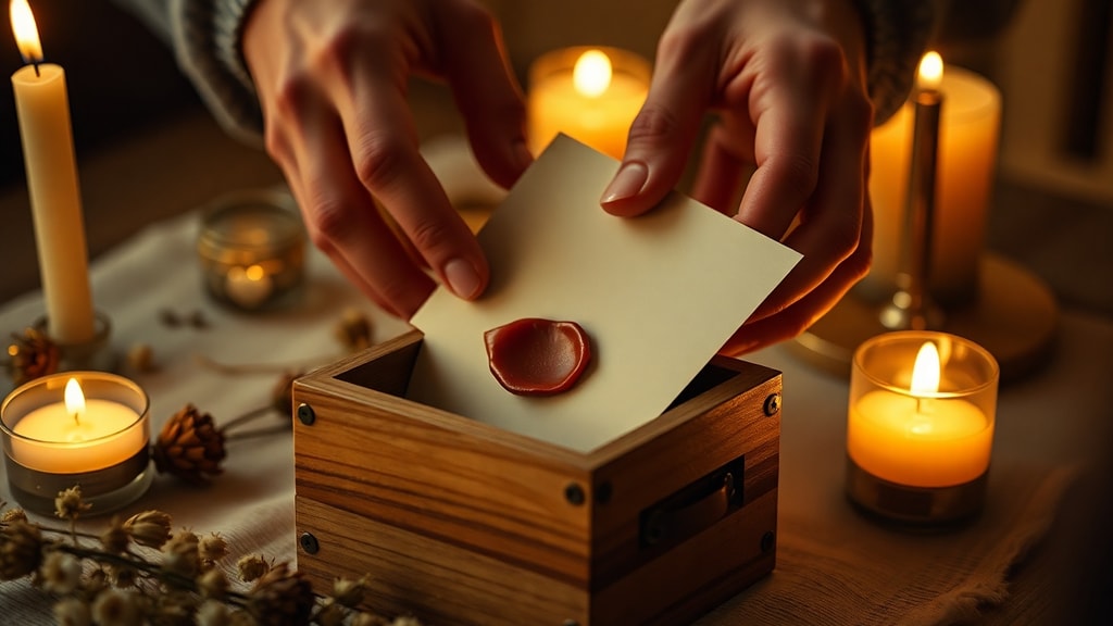 Hands placing a sealed letter into a wooden time capsule box surrounded by soft candlelight