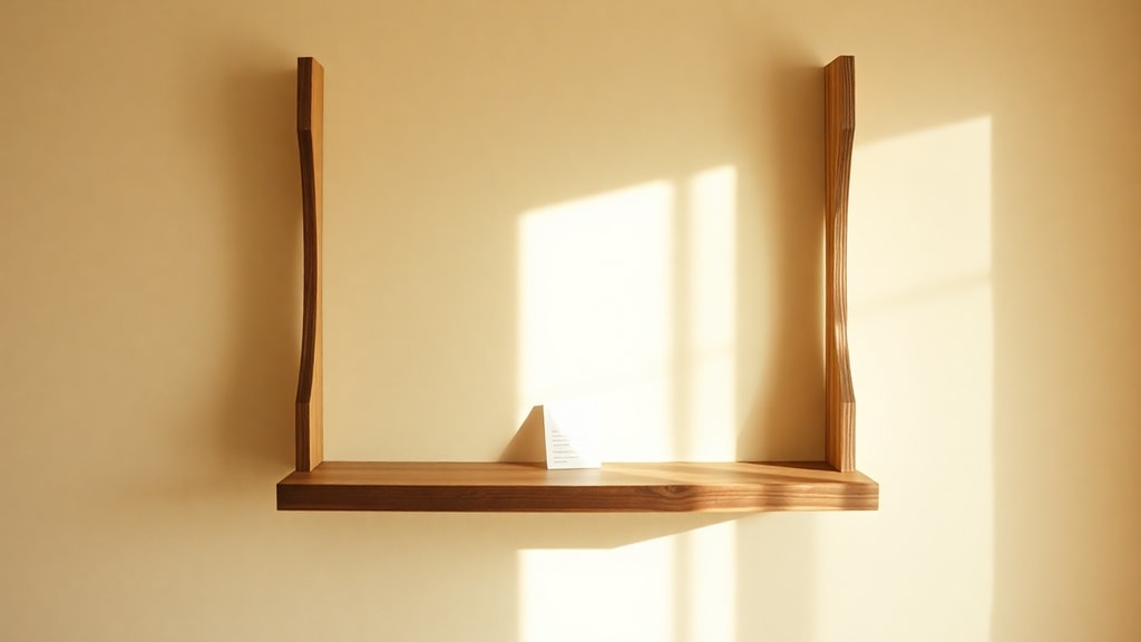 A weathered wooden shelf hanging slightly crooked on a sunlit wall with a small folded note visible in the shadow gap behind it