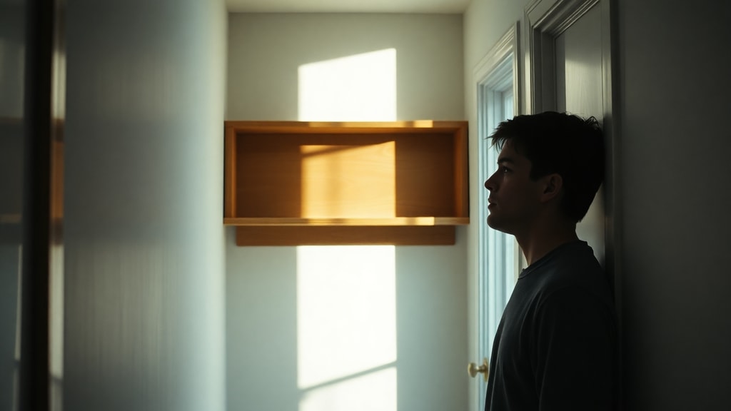 An adult man standing in a hallway looking at a perfectly level empty shelf with a somber expression, late afternoon light through a window