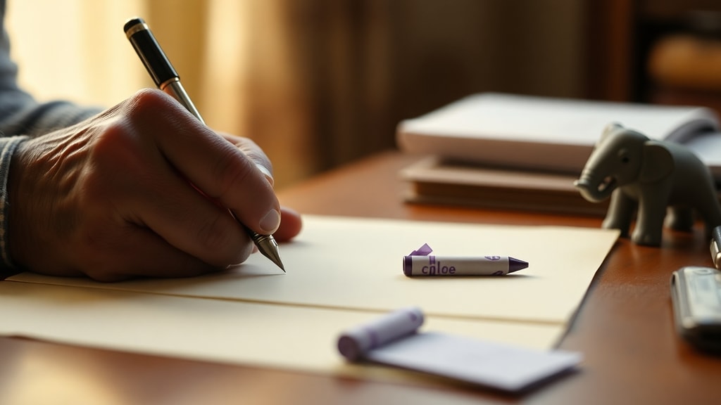 Hands of an older person writing a letter on heavy paper with a fountain pen, soft window light, small objects from childhood visible on the desk