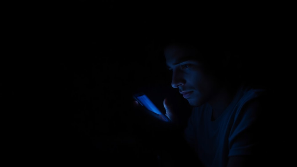 A person staring at a glowing phone screen in a dark room, their face illuminated by blue light