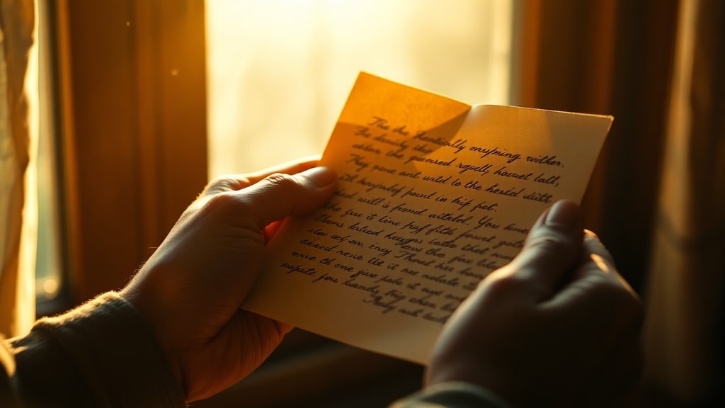 Hands holding a handwritten letter with sunlight streaming through a window