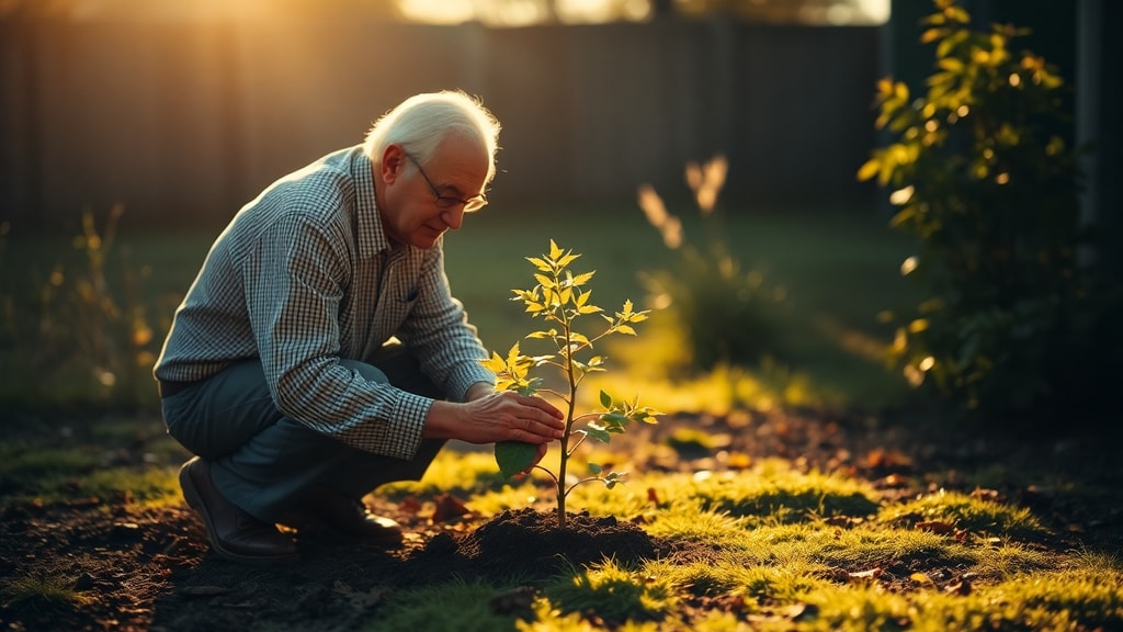 An elderly person and young child planting a tree together in golden afternoon light