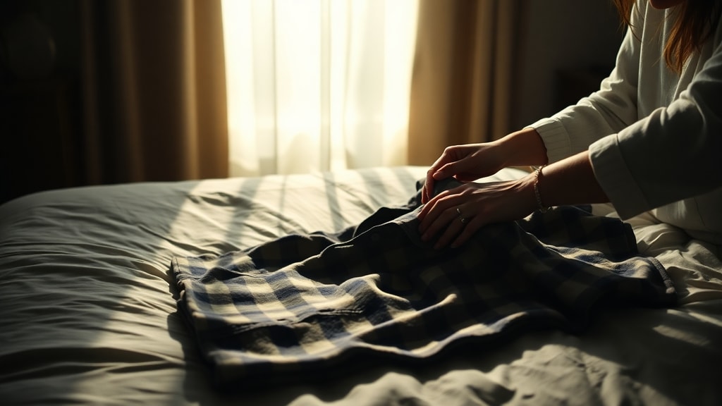 A woman's hands folding a man's worn flannel shirt, morning light through bedroom curtains