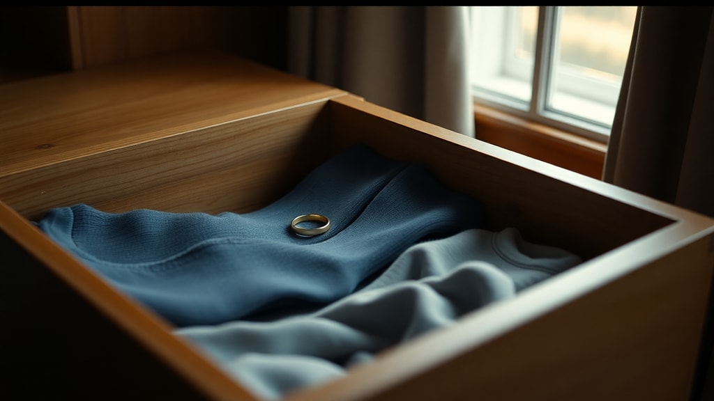 An open dresser drawer with folded socks, a wedding ring visible among them, soft natural light