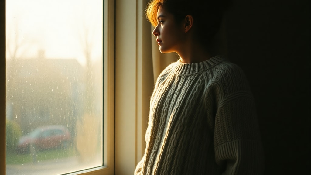 A person standing in morning light wearing an oversized vintage sweater, looking out a window