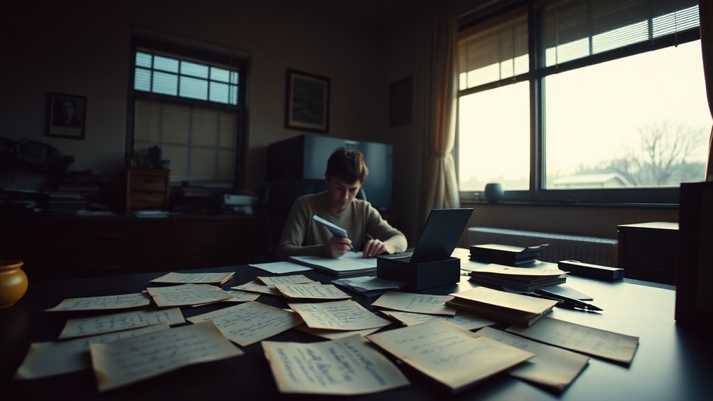 A person sitting alone at a desk in a dimly lit office at dusk, looking at old handwritten notes and photographs