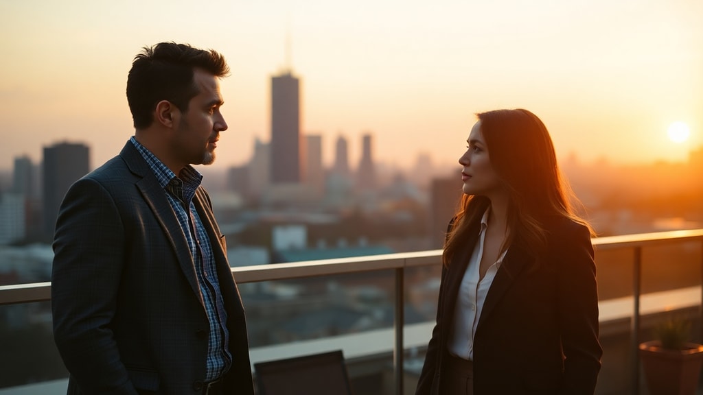 Two professionals having a serious conversation on a rooftop terrace at sunset, city skyline in background