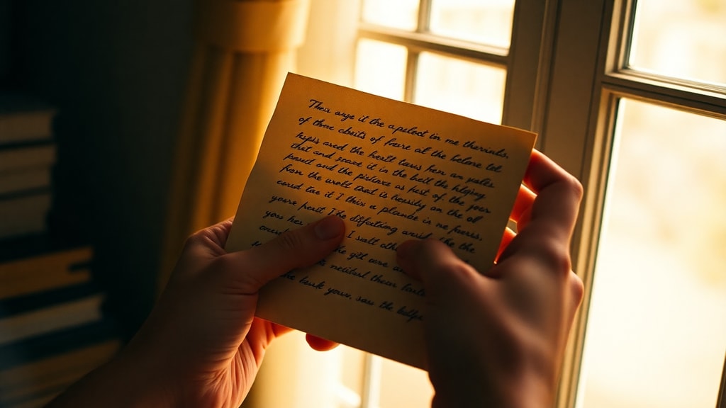 Close-up of hands holding an aged handwritten letter, soft natural window light, shallow depth of field
