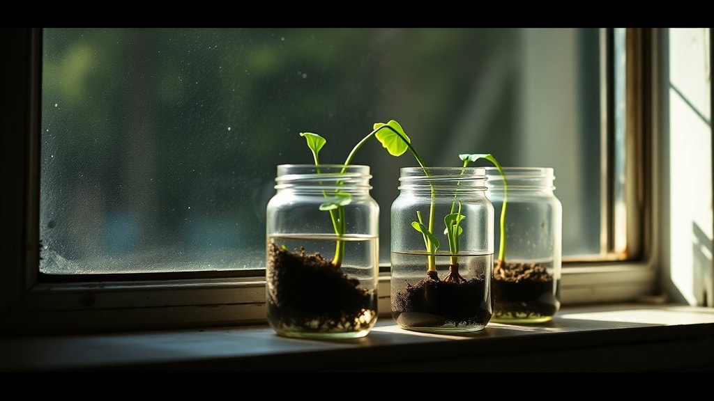 A windowsill with glass jars containing plant cuttings in water, morning light streaming through
