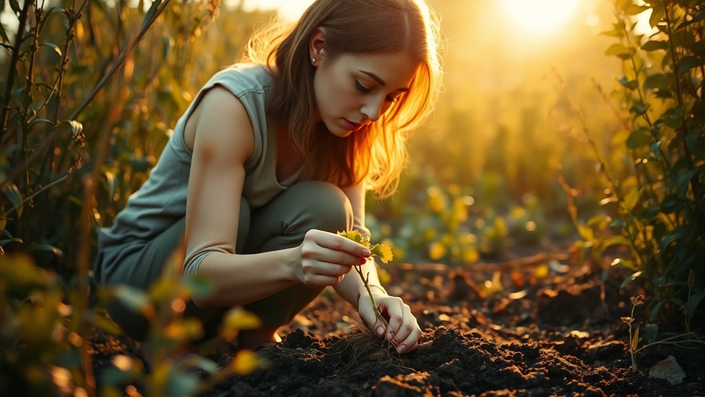 A woman planting a rooted cutting into soil in an overgrown garden, golden hour light