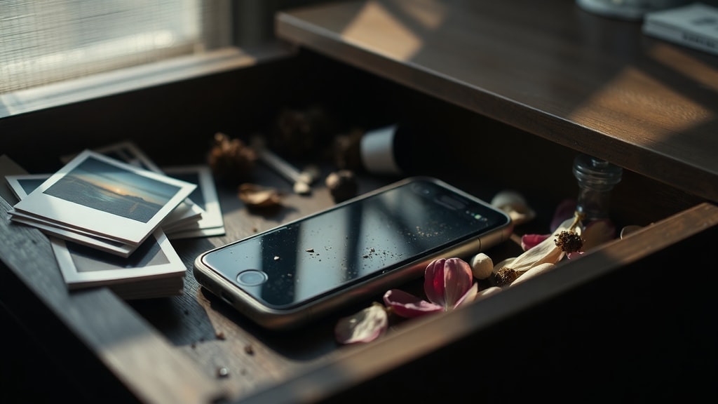 An old smartphone buried in a drawer surrounded by dust and faded photographs