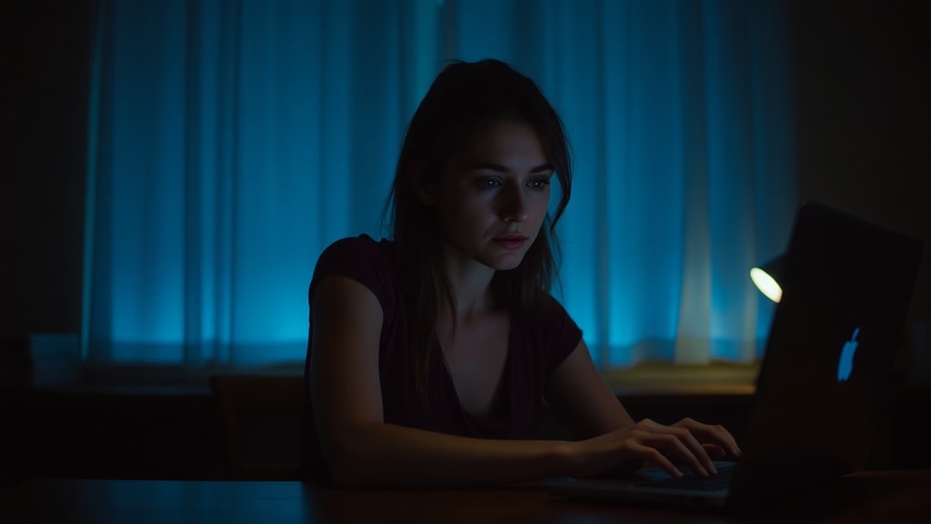 A woman in her thirties staring at an old laptop screen with a reflective expression