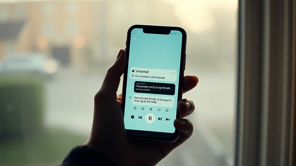 A woman's hand hovering over a smartphone screen showing a voicemail from a loved one, soft morning light through a window
