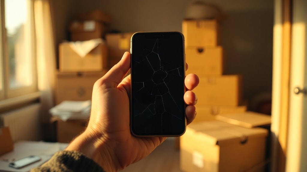 Hands holding an old smartphone with a cracked screen, blurred background of a room with moving boxes, warm afternoon light