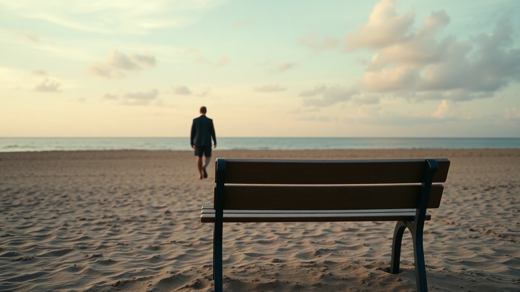 A person walking away from the camera on an empty beach at dawn, phone left behind on a bench, vast sky and calm ocean
