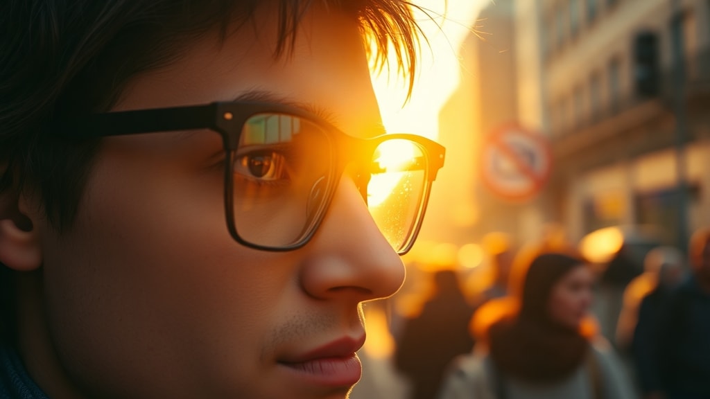 Person wearing smart glasses in a crowded city street, reflection visible in the lenses