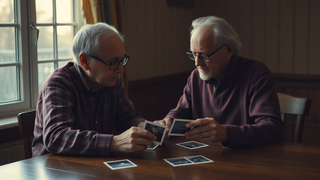 Elderly couple looking at old photographs together in soft natural light