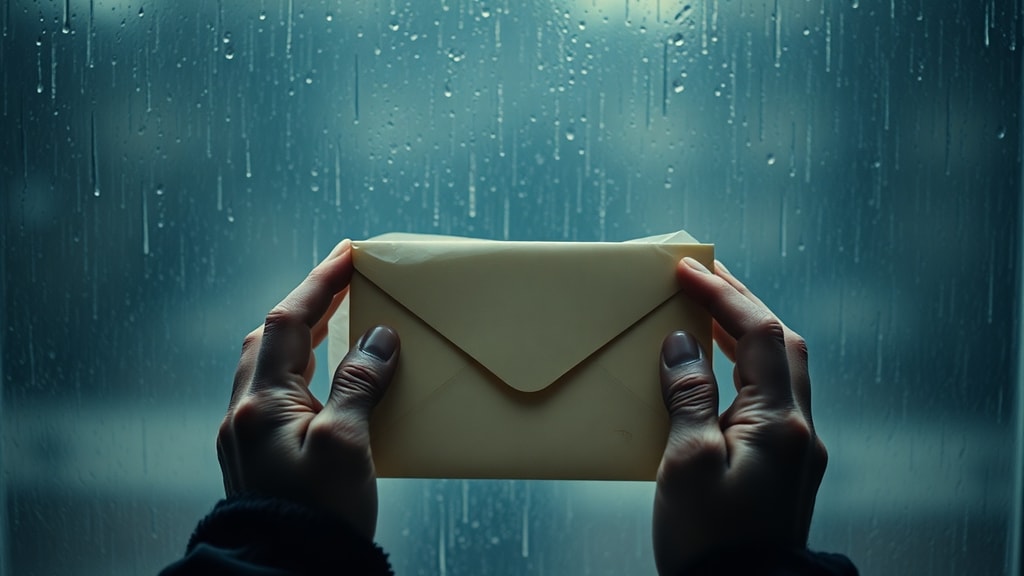 Hands holding a sealed envelope against a blurred window with rain droplets